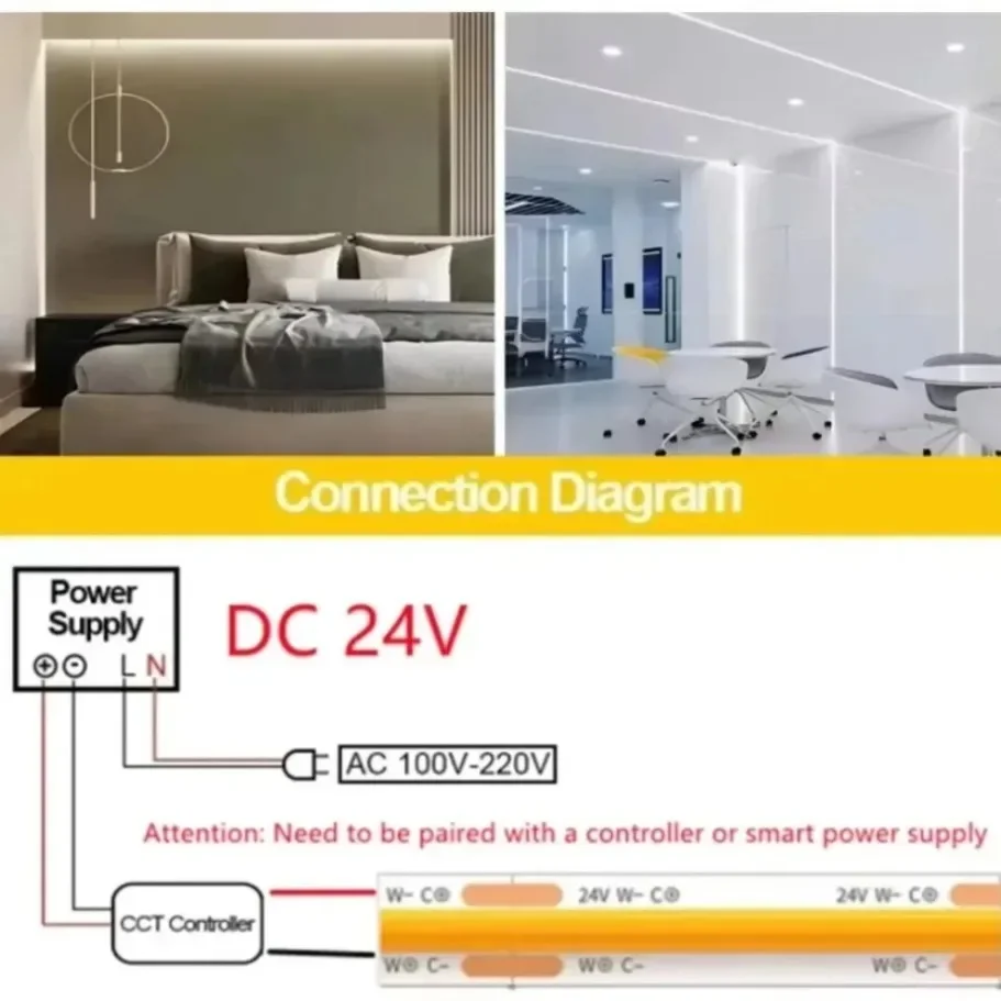 24 فولت عكس الضوء 3 لون CCT COB LED قطاع ضوء 8 مللي متر 10 مللي متر عرض 2700 كيلو إلى 6500 كيلو تغيير لون LED الشريط الخطي مزدوج اللون RA90