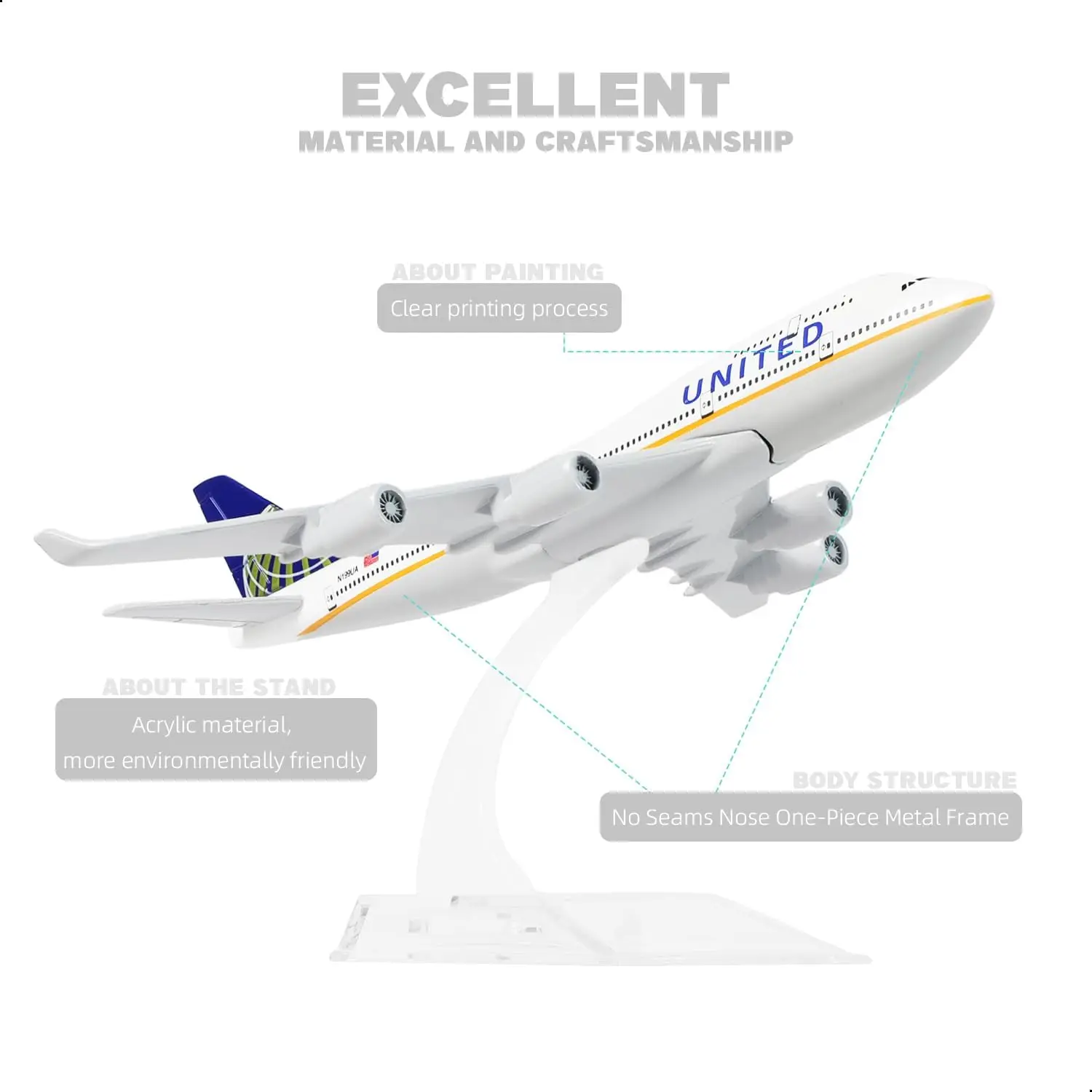 1/400 scale United B747 Diecast Metal Airplane Model with Stand (6 inch L) for Aviation Enthusiasts Gift, Desktop Display