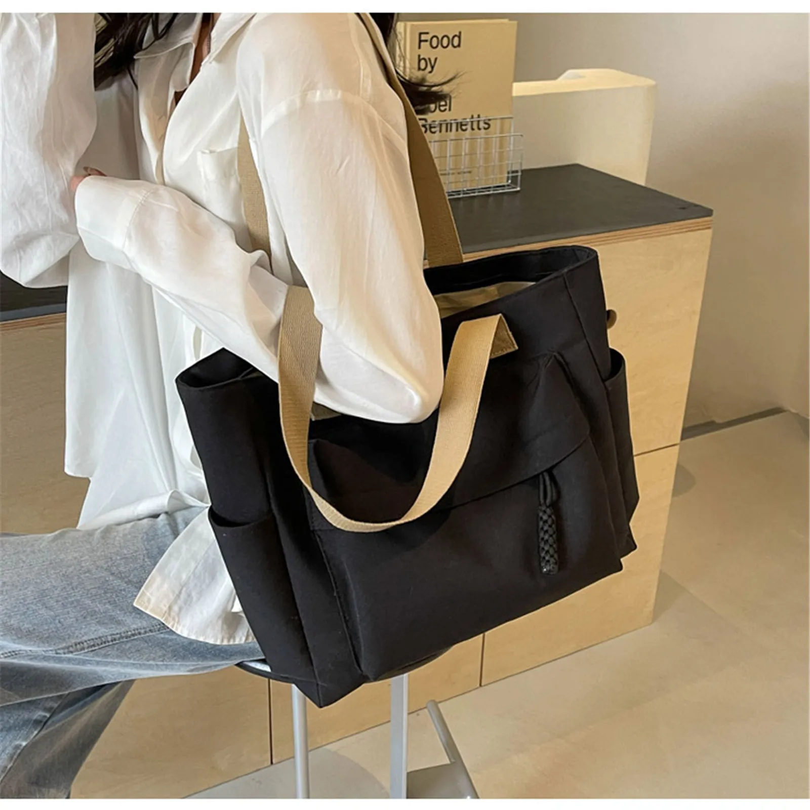 Minimalist Canvas Bag For Women Large Capacity Handbag 2024 New Casual Shoulder Bag Summer Student Versatile Commute Tote Bag