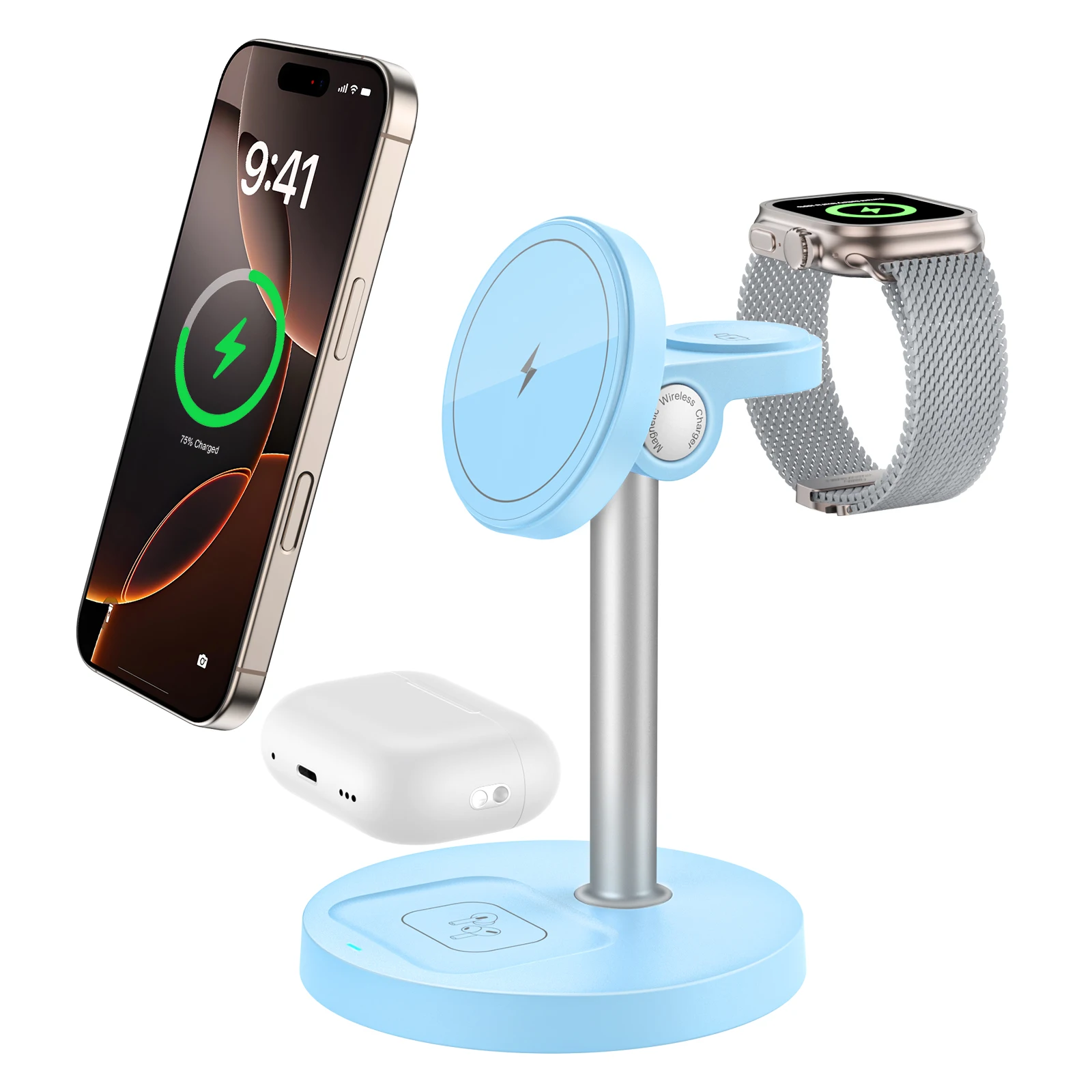 15 W schneller kabelloser Ladeständer, 3-in-1 magnetisches kabelloses Ladegerät für iPhone 12–16-Serie, iWatch und AirPods, einstellbarer Winkel