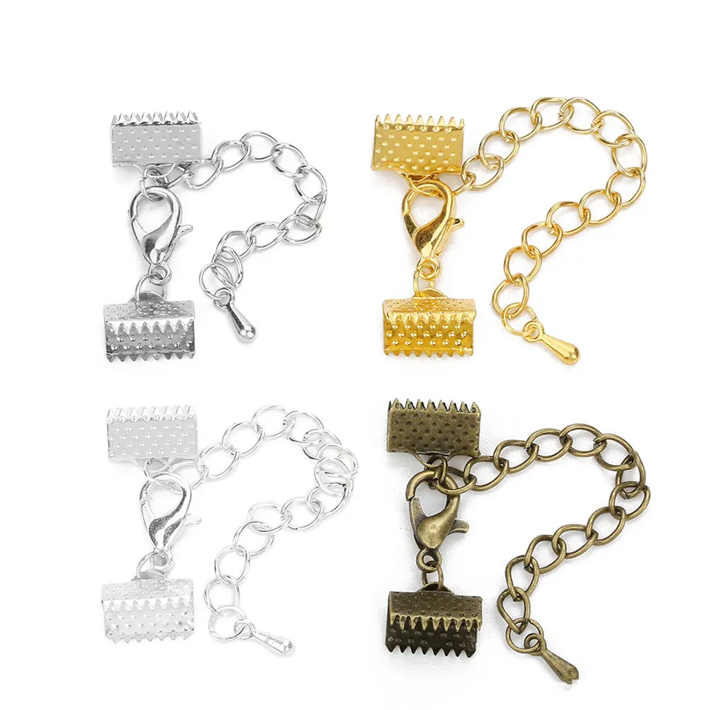 

10 pcs Ribbon End Clamps Plated Crimps Hide Frayed Ends 5cm Chain 12mm Buckle Jewelry Making Choker Necklace Bracelet Crafts