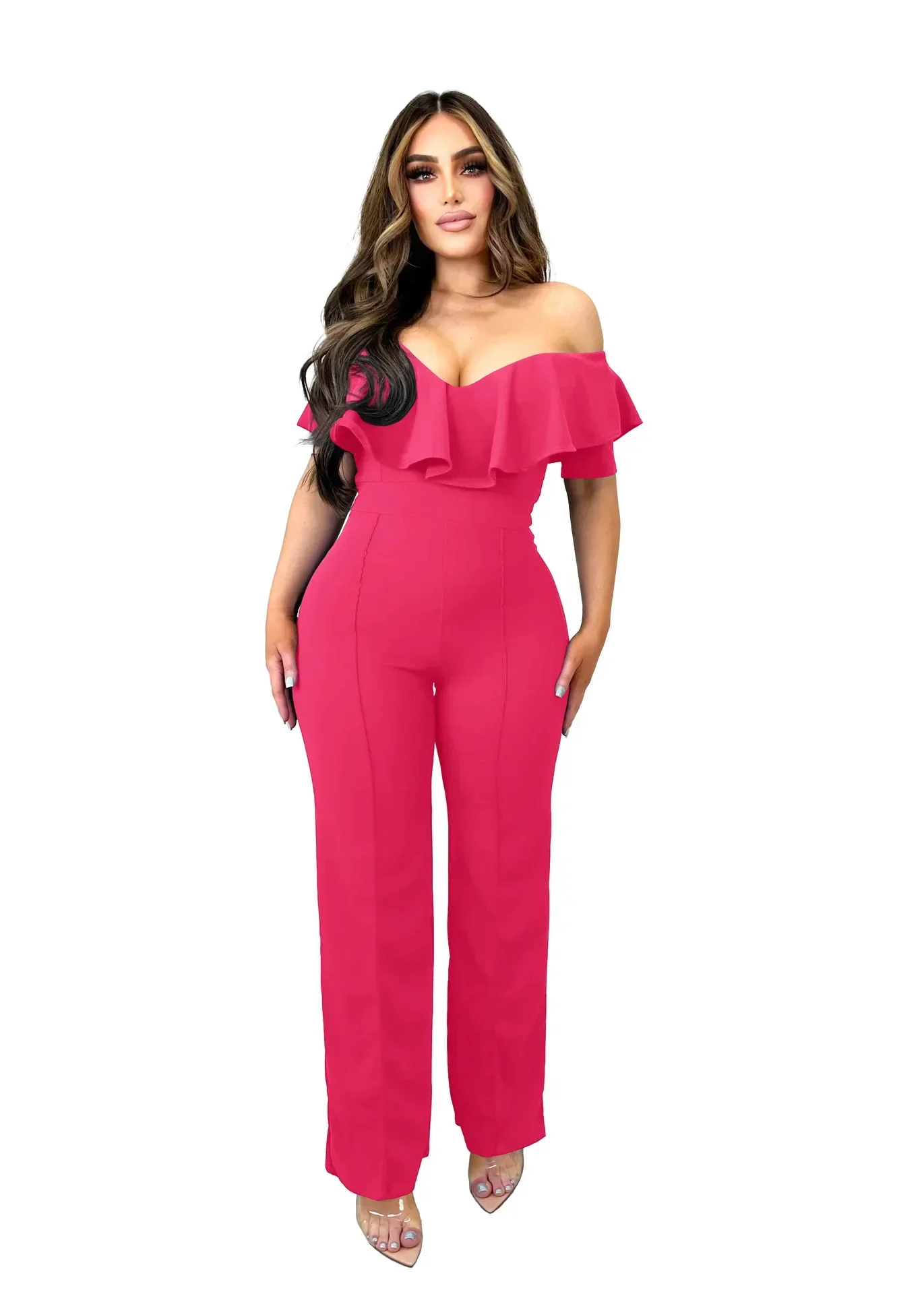 Vrouwen Jumpsuits Slash Hals Ruches Tops Overalls Rompertjes Midi Taille Wijde Pijpen Broek Casual V-hals Zomer Kantoor Dames