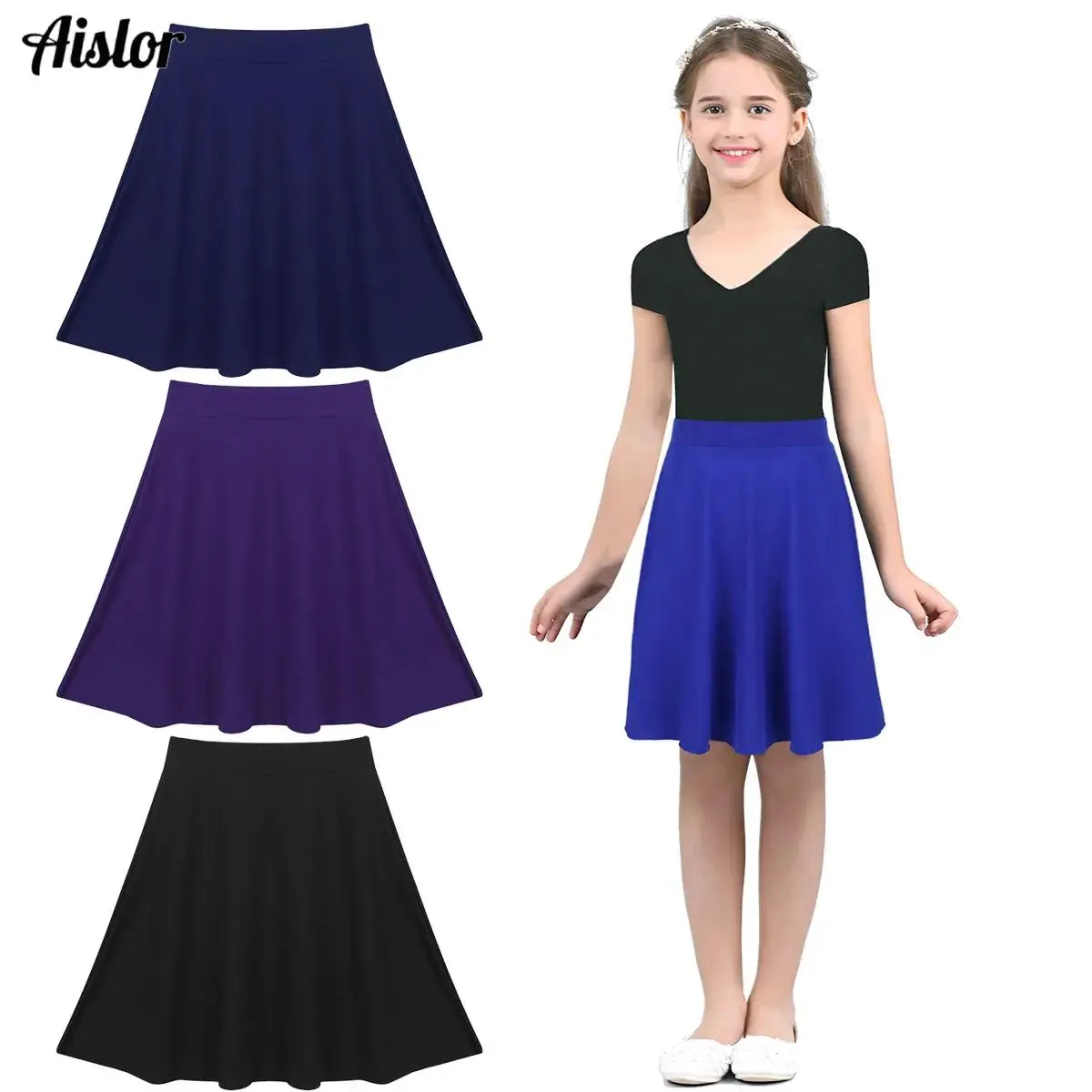 Big Girls Skater Skirt Solid Color Lightweight Stretchy Knee Length A-line Skirts Teen Kids Casual Party Costume Dance Skirt