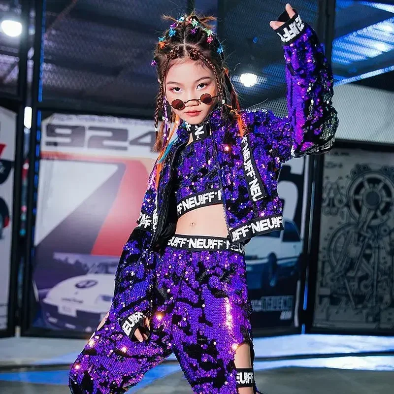 

Fashion Hip-hop Jazz Dance Wear Dance Wear Children's Purple Sequin Braid Suit Children's Performance Model T Stage Danc