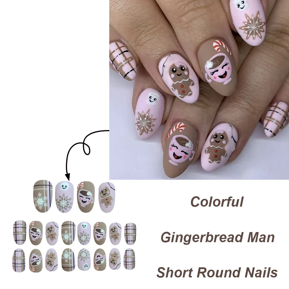 24pcs Cartoon Fake Nails Girl Wearable Manicure Medium Press on Nail Tips Short Oval False Nails for Women Christmas Cute 2024