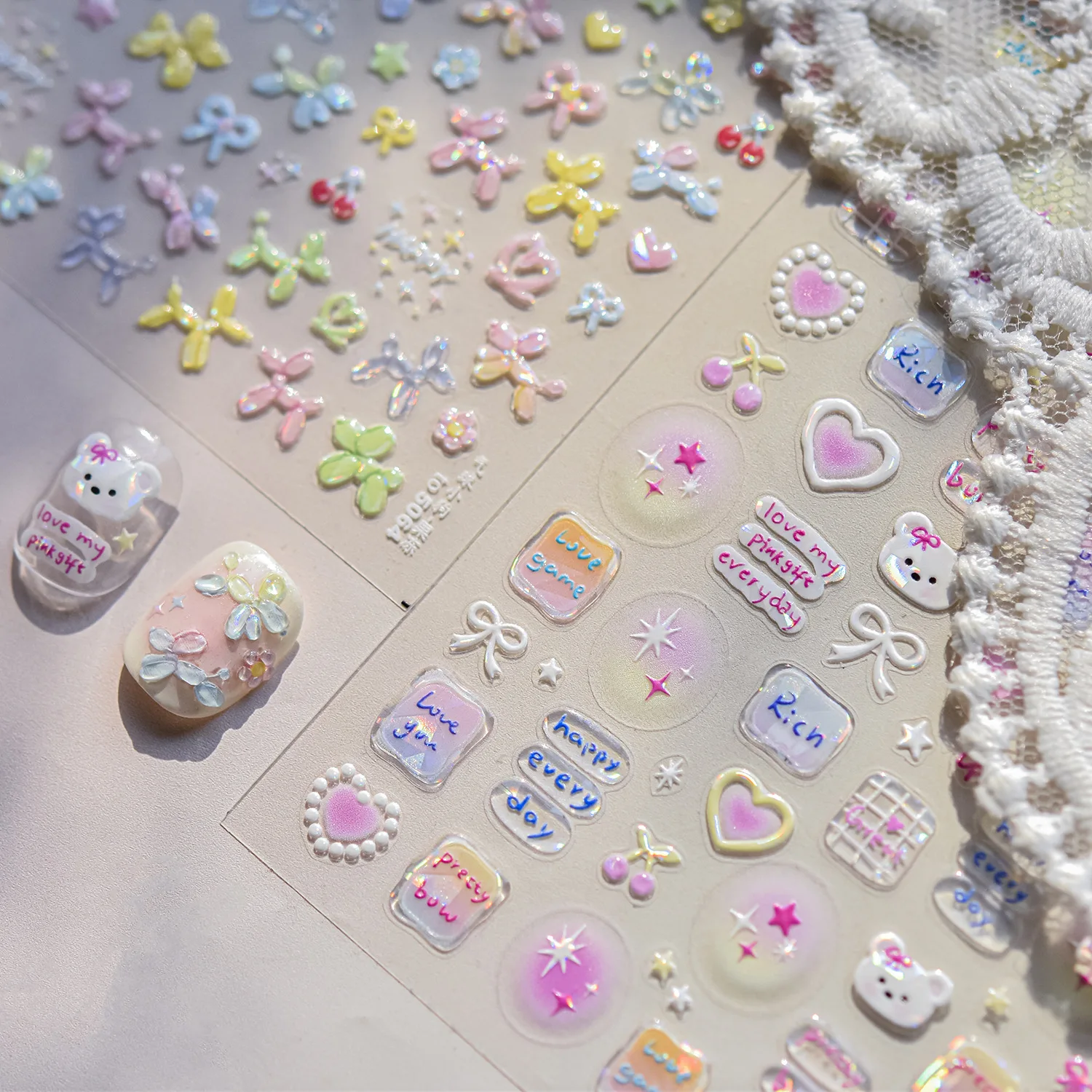 

Наклейки для ногтей 5D с изображением щенков и желейных конфет, 3D милые бантики и вишни, самоклеящиеся стикеры для маникюра, аксессуары для ногтей DIY