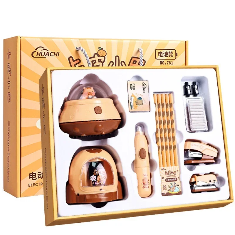 

11Pcs/Box Capybara Stationery Set Electric Pencil Sharpener Electric Eraser Electric vacuum cleaner Pencil stapler Hole Punch