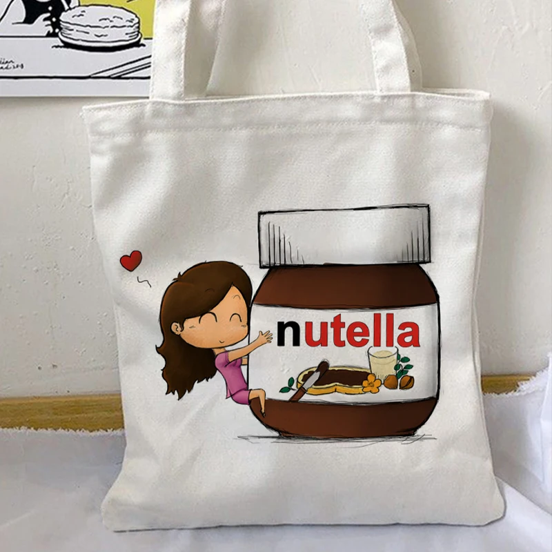 Nutella Kawaii Shopping Bag Print Shoulder Handbag Tote Bag Aesthetic For Women Canvas Shopper Bag High Capacity Hand Cloth Bag