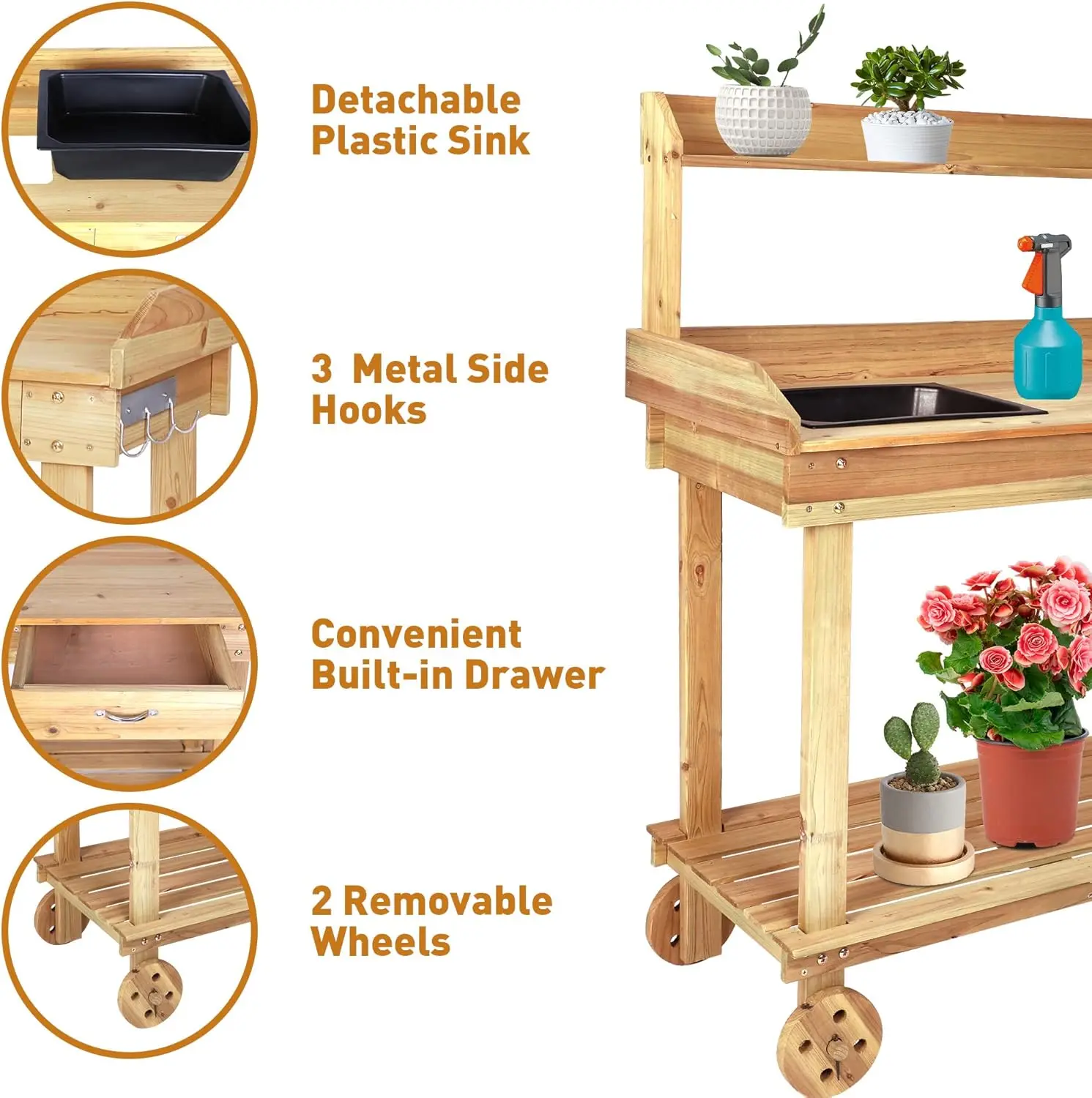 Garden Potting Bench Table with Removable Sink Gardening Work Bench with Drawer Shelves Hooks on Wheels