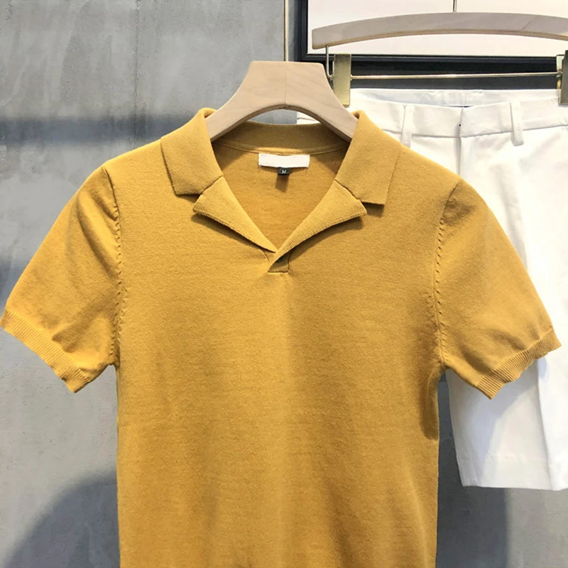 2024 Summer Casual Polo Collar Knit Tops Men Fashion Solid Color Breathable Knitting Polo Shirts Short Sleeve V Neck Mens Polos