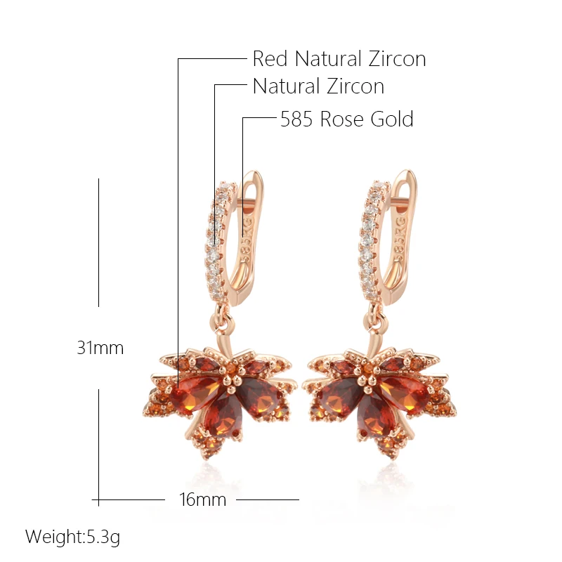 Kinel Original Design Shiny Red Natural Zircon Maple Leaf Earrings For Women Fashion 585 Rose Gold Color Fall Daily Fine Jewelry