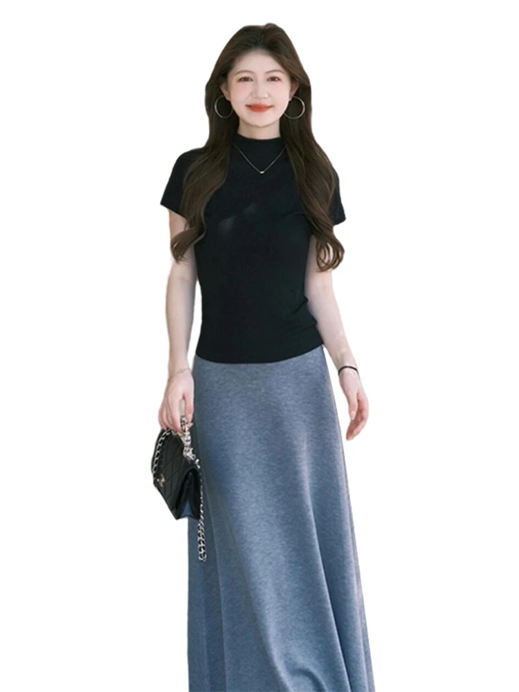 Été 2026 coréen Sle femmes Bla ort Sve t-shirt et jupe taille haute deux pièces ensemble doux Sle a-ligne Dr