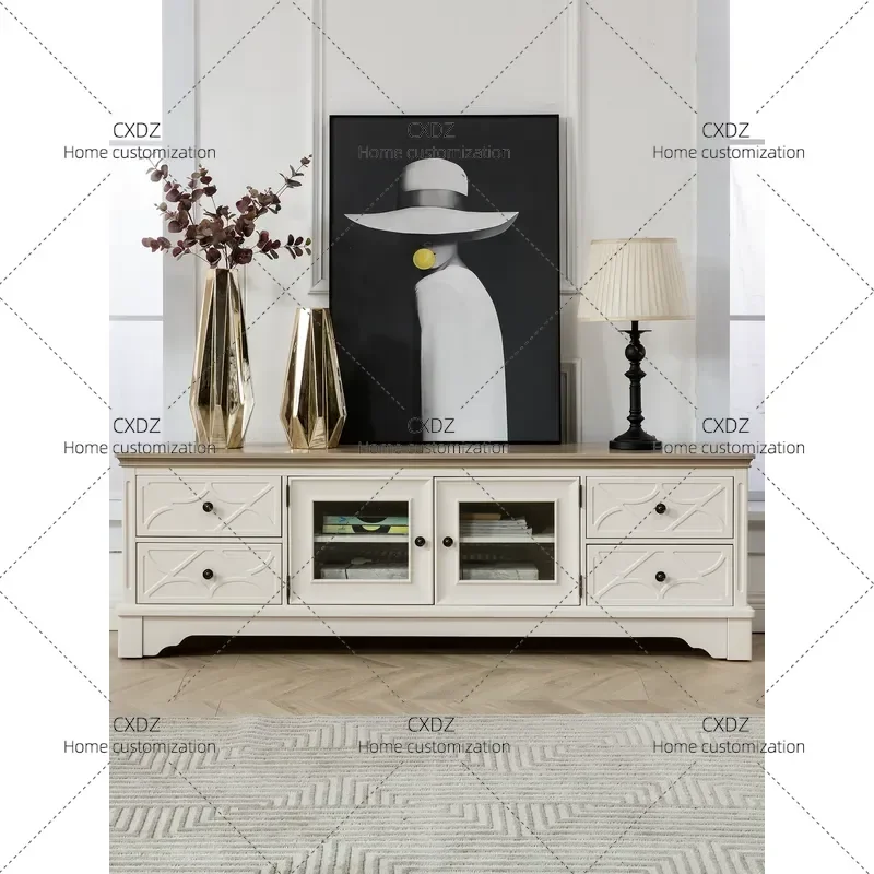 Carved Cream Style European Mediterranean Pure Solid Wood TV Cabinet for Living Room Holiday Room Bed and Breakfast Furniture