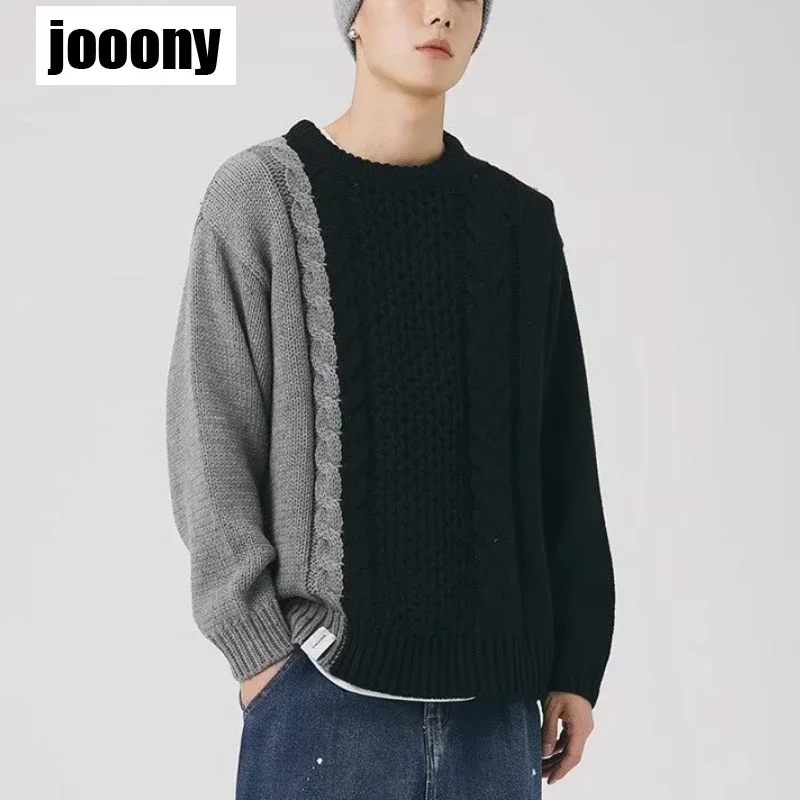 

New Round Neck Loose Knit Sweater Pullover Coat Japanese Retro Contrast Color Spliced Sweater Pullover 2023 New Men's Versatile