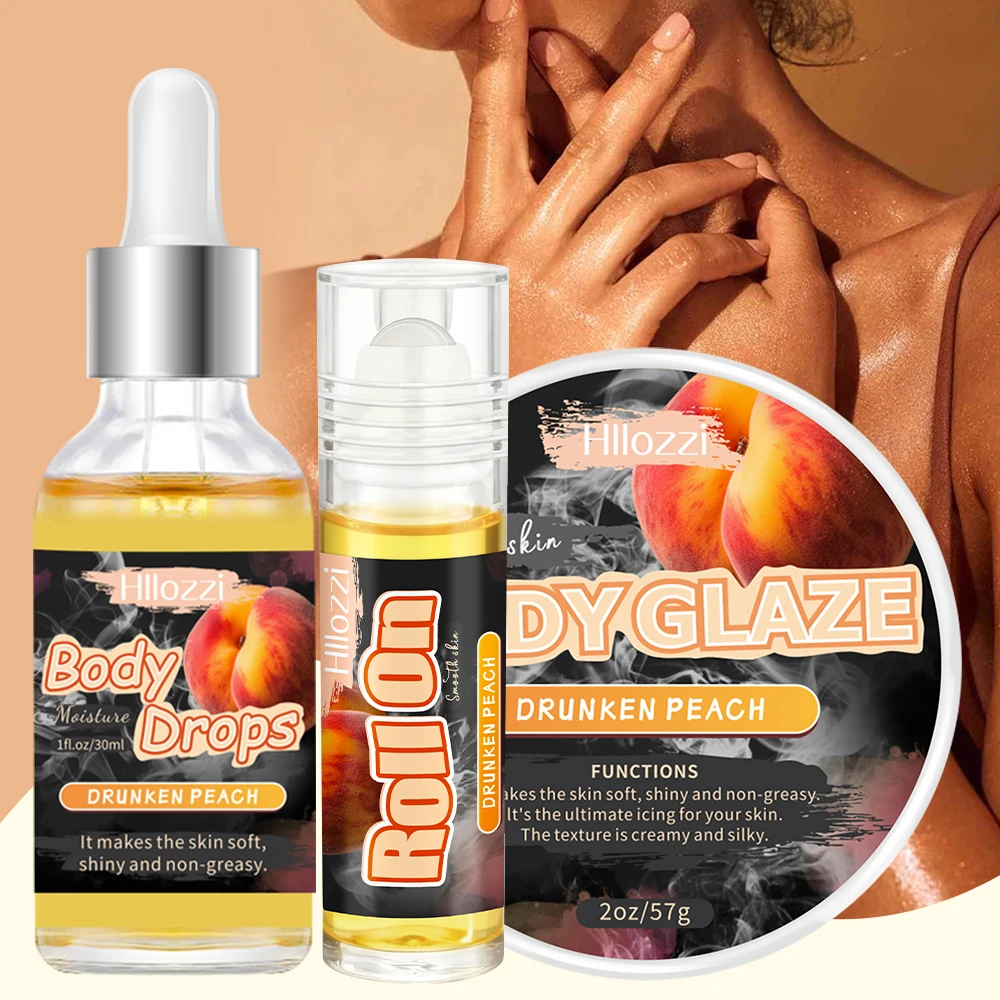 30 ml/1 fl oz Body Drops, plus 2 oz/57 g or 8 oz Body Glaze, and a complimentary 5 ml/0.17 g body Roll-on, with a peach scent.