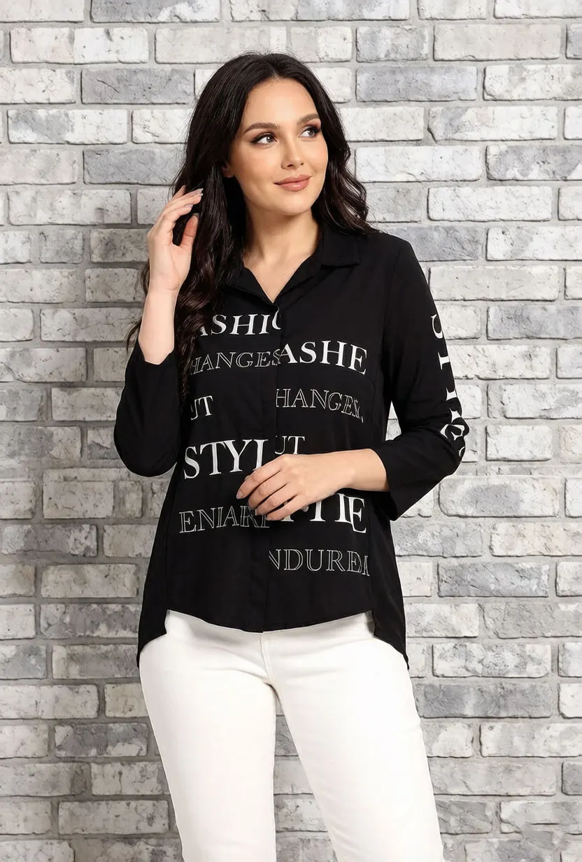 Women Oversized Letter Print Blouse Black Lapel Long Sleeve Button Down Shirt Loose Casual Elegant Top view 6