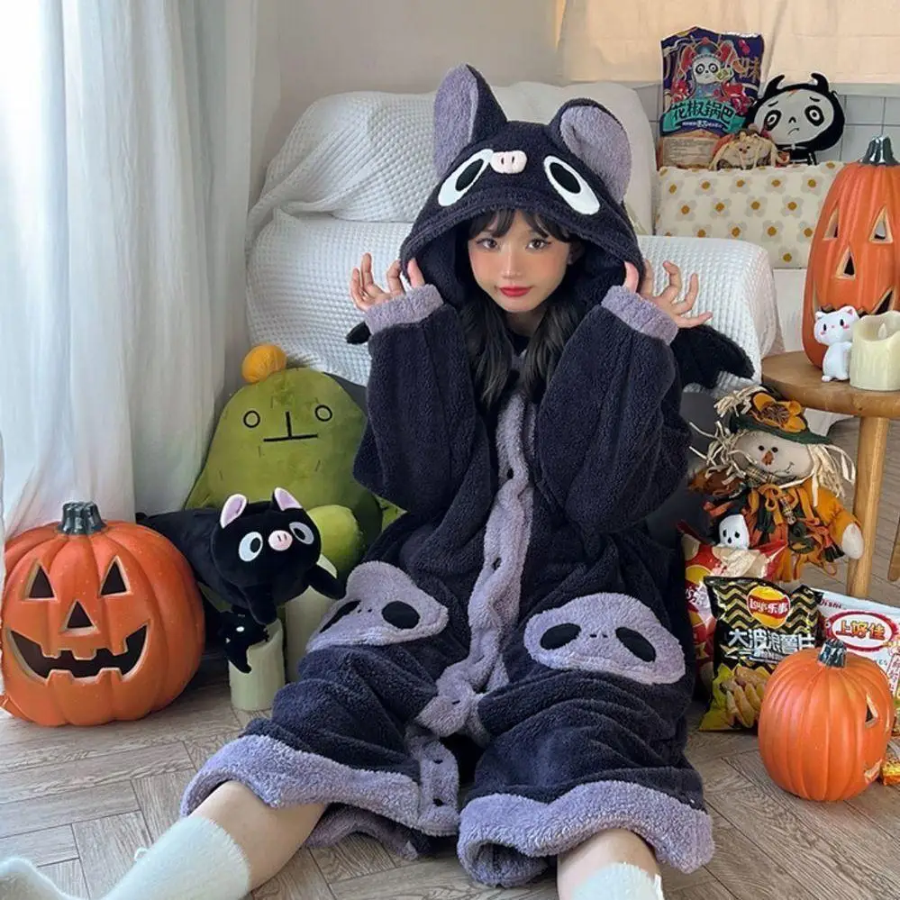 Bat Cosplay Hooded Nightdress With Pants 2 Piece Set Skeleton Witch Nightgown Set Winter Flannel Pajamas Set Halloween Nightwear