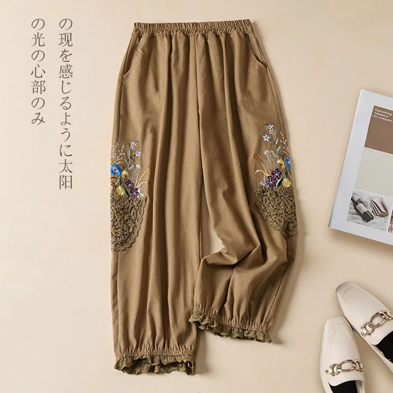 

Новые весенне-летние классические хлопково-льняные брюки-шаровары больших размеров с цветочной вышивкой и кружевной отделкой для женщин