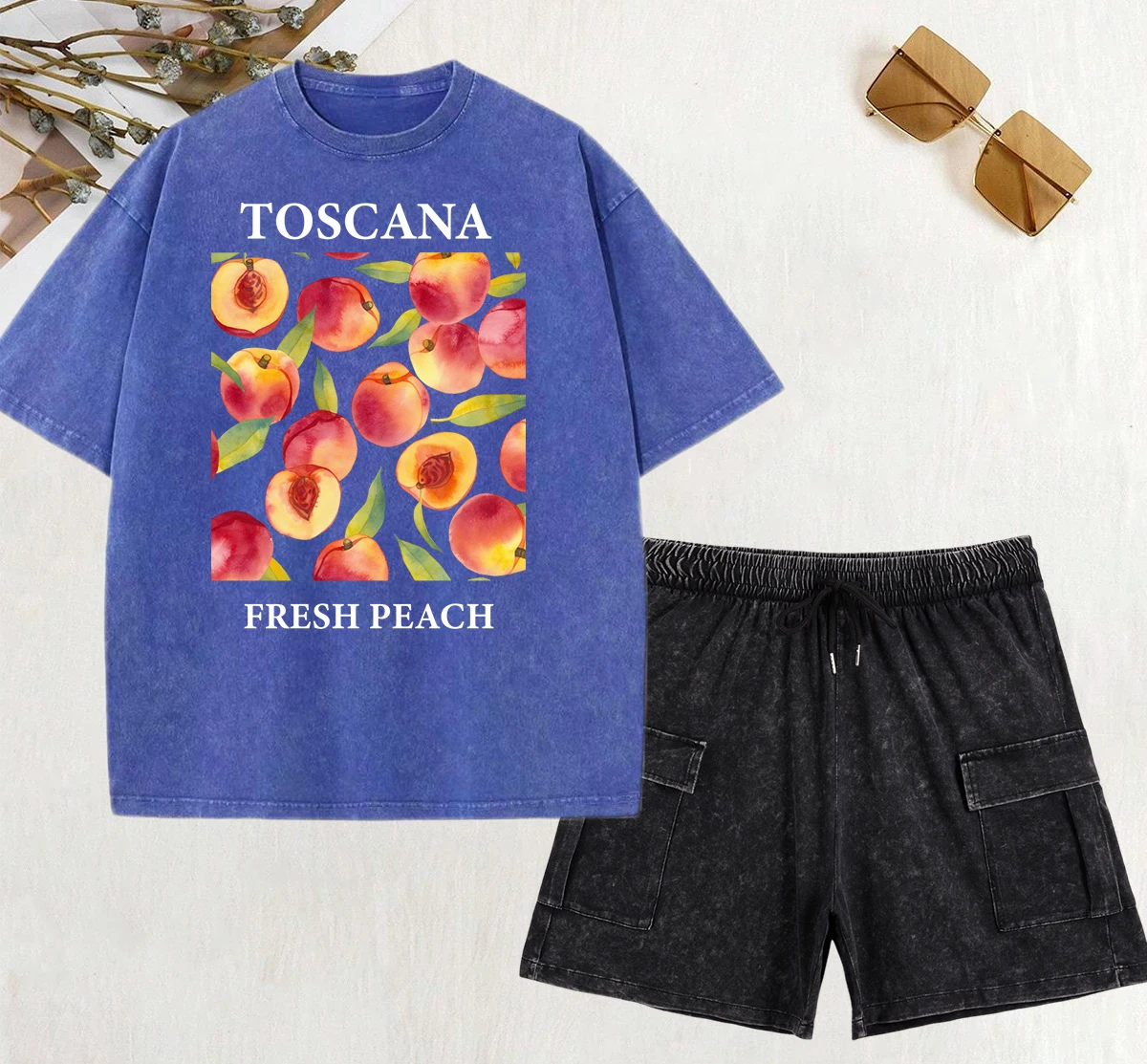 

Toscana Fresh Peach Fruits Print Women Washed T-Shirt Cotton Crewneck Shorts Set Street Hip Hop T Shirts Pocket Cool Pants