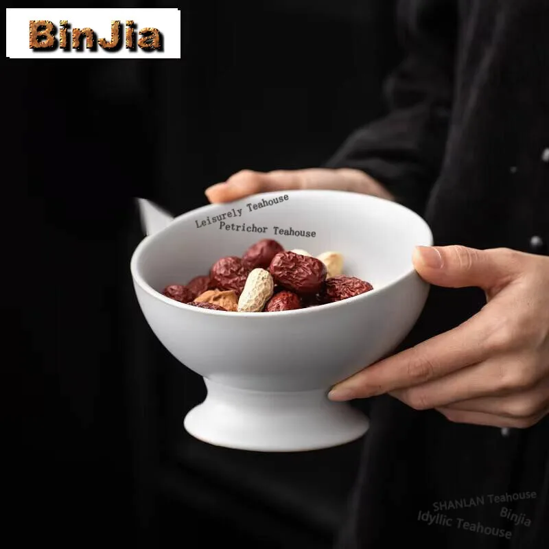 

Ancient White Handmade Fruit Plate Household High-feet Fruit Dishes Chinese Pastry Plate Food Storage Tray Hospitality Bowl