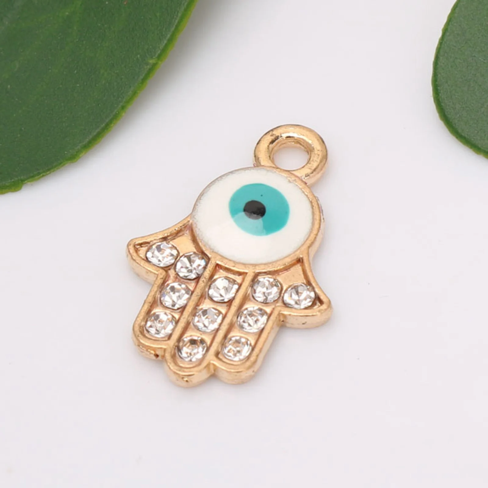 10 Golden Alloy Rhinestone Hamsa Hand Mixed Enamel  EYE Kabbalah Charm Pendants 14X21mm