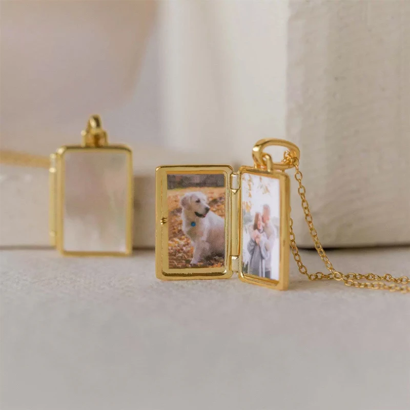 

Custom Photo Shell Pendant Necklace, Personalized Rectangle Locket Necklace with Gold Plated, Unique Memorial Jewelry for Women