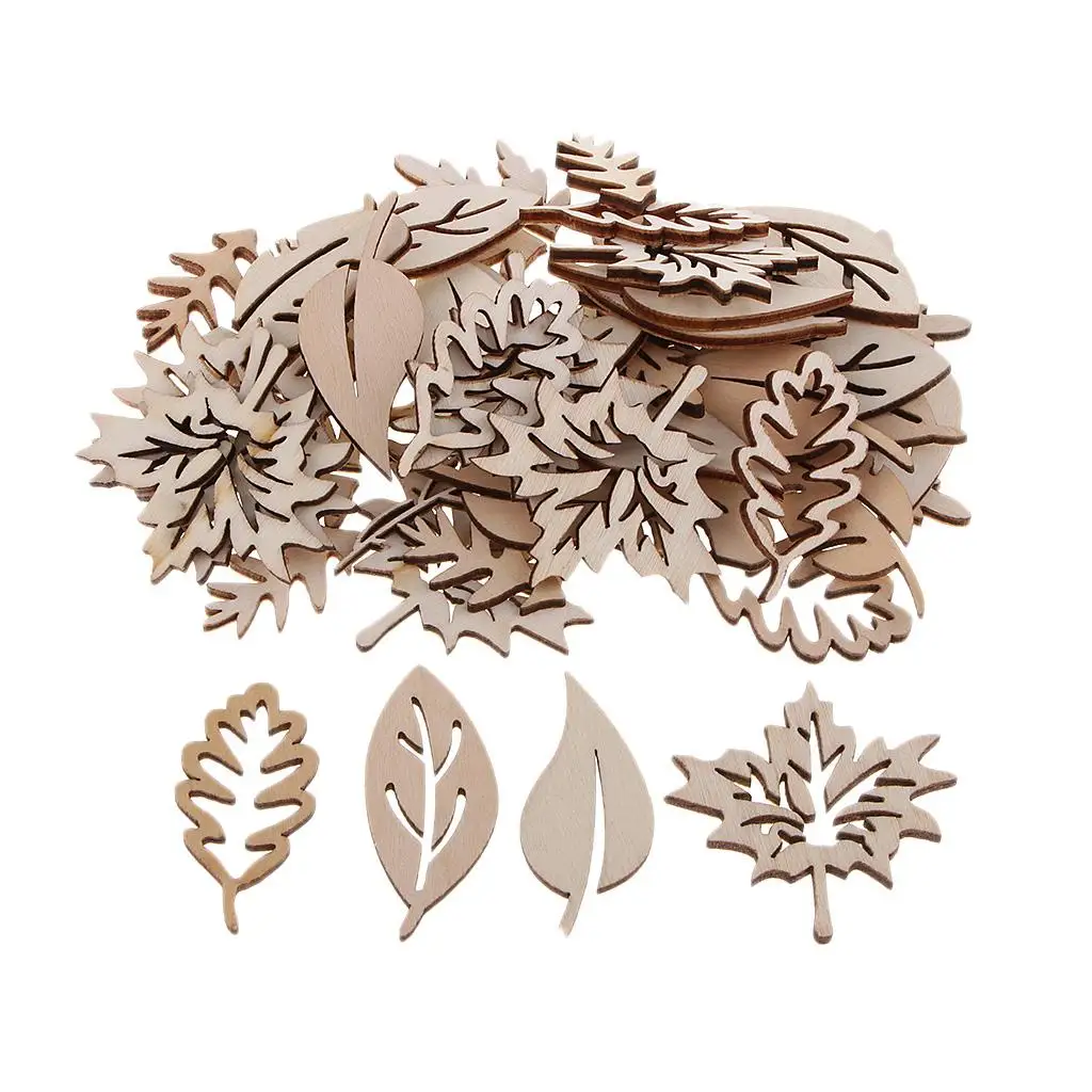 50 Pieces Wooden Leaf Embellishments Unfinished Wood Chips for Taking Photos of Props, Home ornament, Wall Hanging Decoration