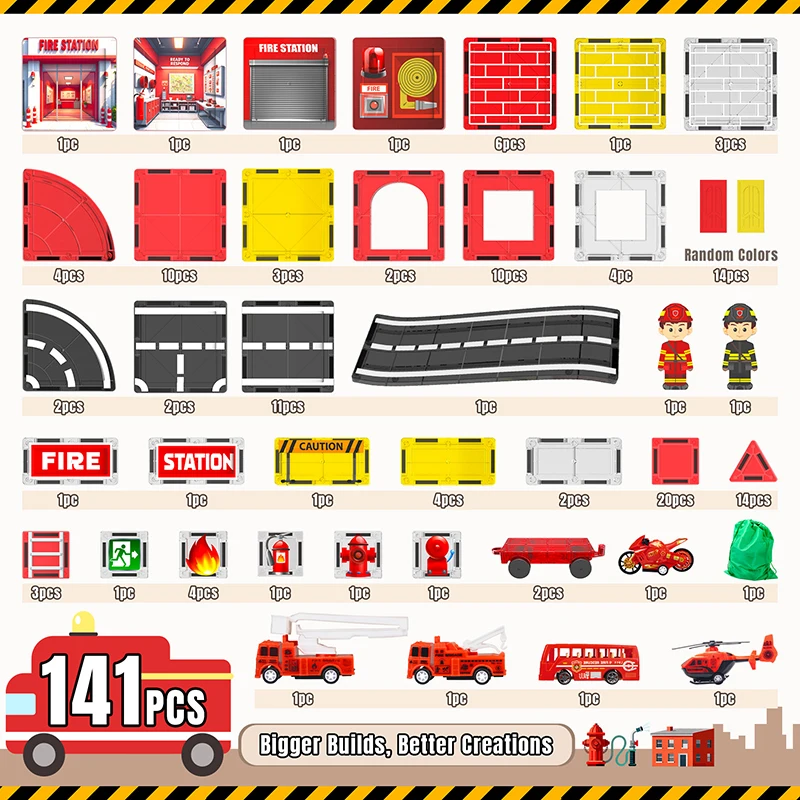 141 stuks magnetische tegels voor kinderen, brandweer thema, magnetische tegels met brandweerkazerne, brandweer voertuigen, STEM educatief speelgoed, cadeaus