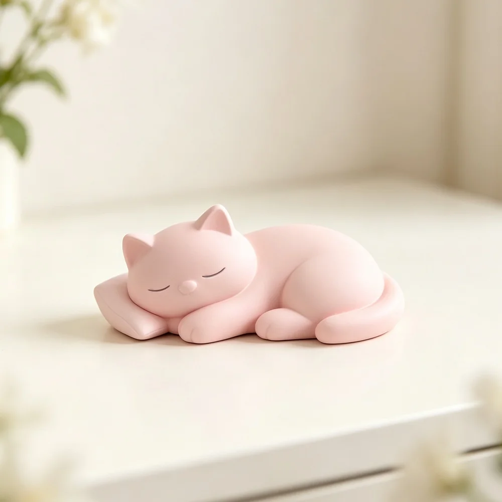 3D print sweet sleeping kitty statue for bedside table bookshelf arrangement modern interior design apartment deco