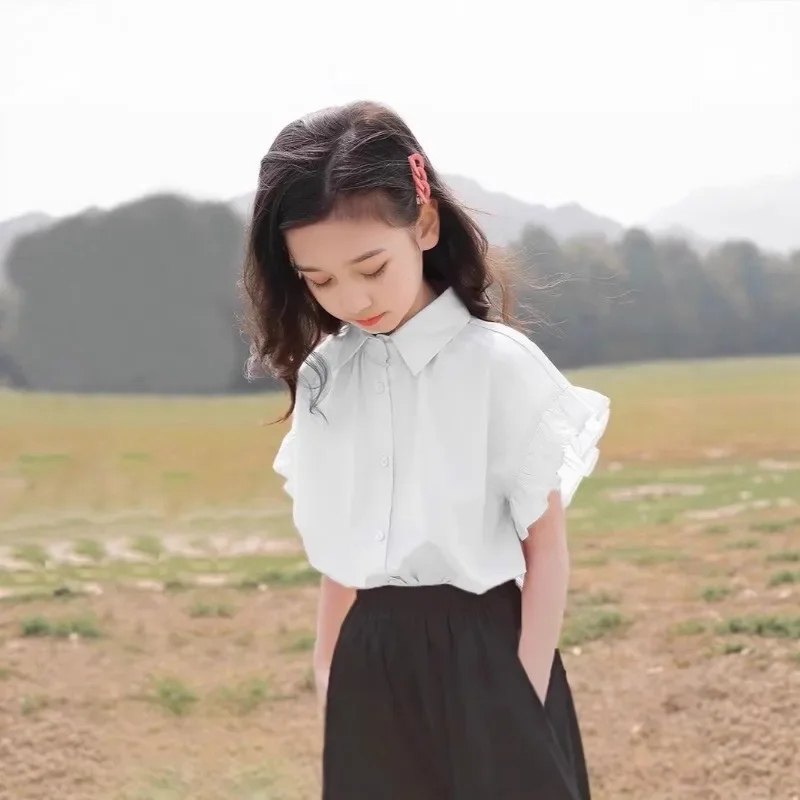 Foreign-style shirt children's shirt Children's clothing female middle large children short-sleeved small fly-sleeved shirt