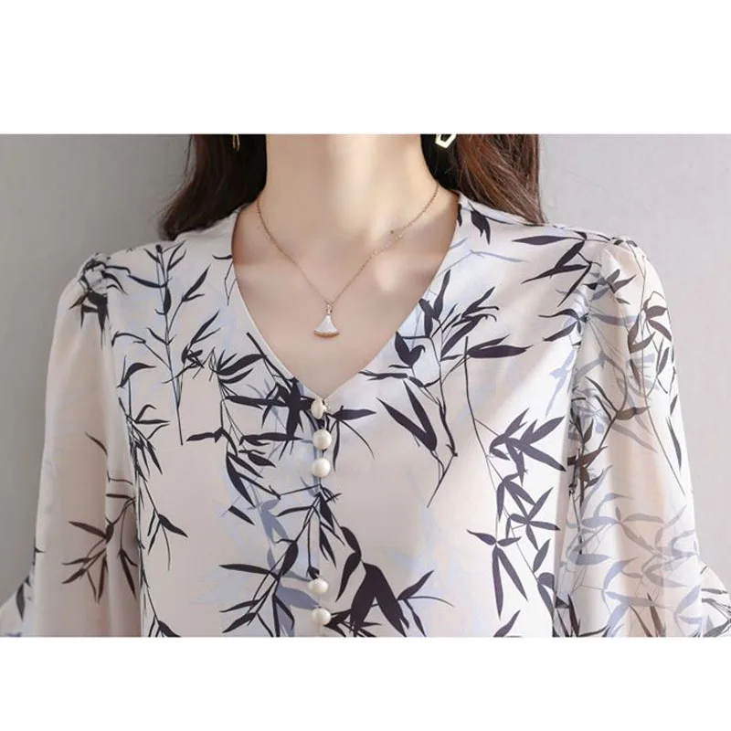 Blusa feminina estampada com decote em V, camisa manga 3/4, roupa feminina, miúdo solto, emendado, trajeto, moda, verão