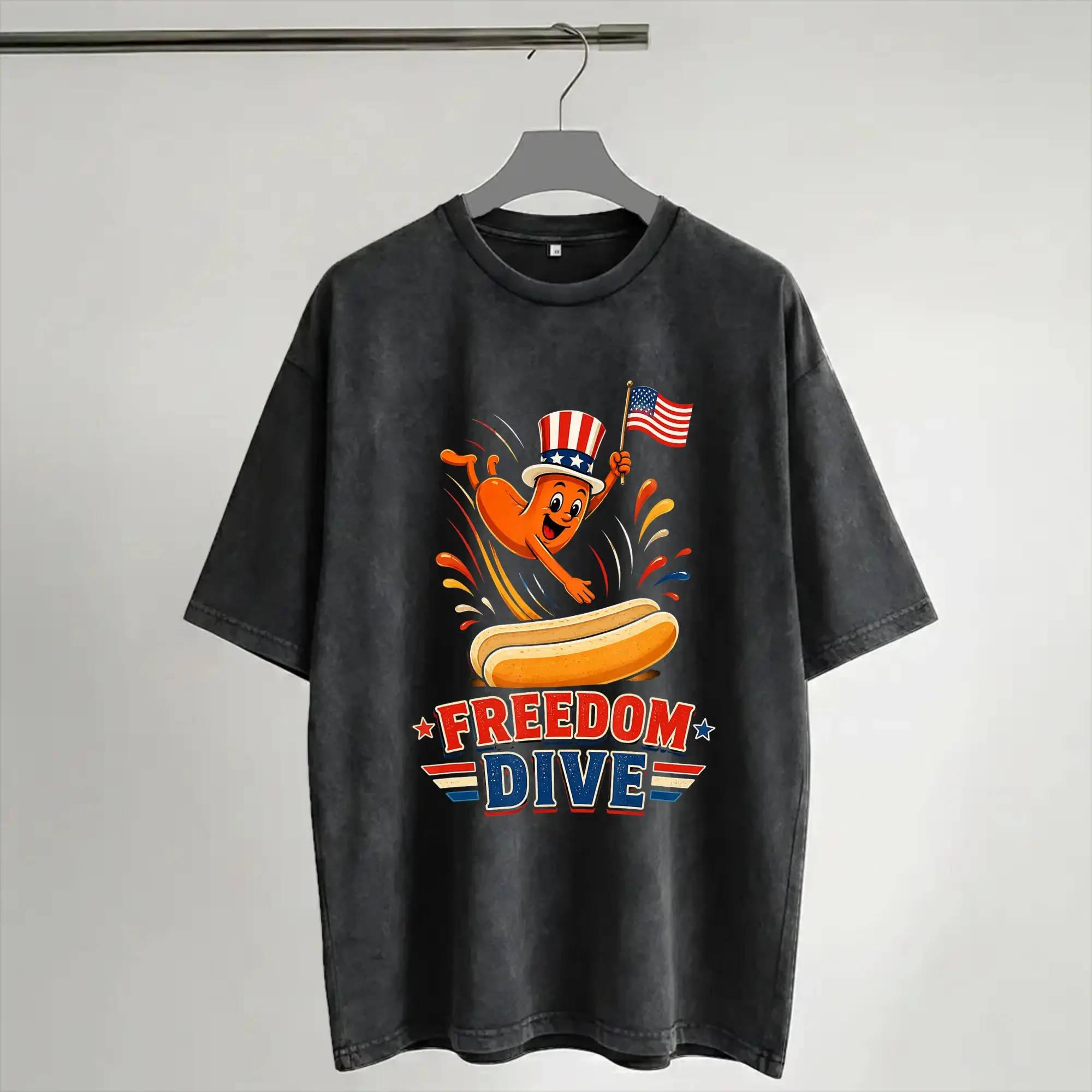 Hotdog Freedom Dive  Washed T Shirts Streetwear Hip Hop Novelty T-Shirts  Tees Men Women Cotton Harajuku