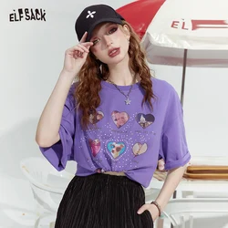 ELFSACK 2024 Summer New Dopamine series fashionable gentle love print loose short-sleeved T-shirt for women