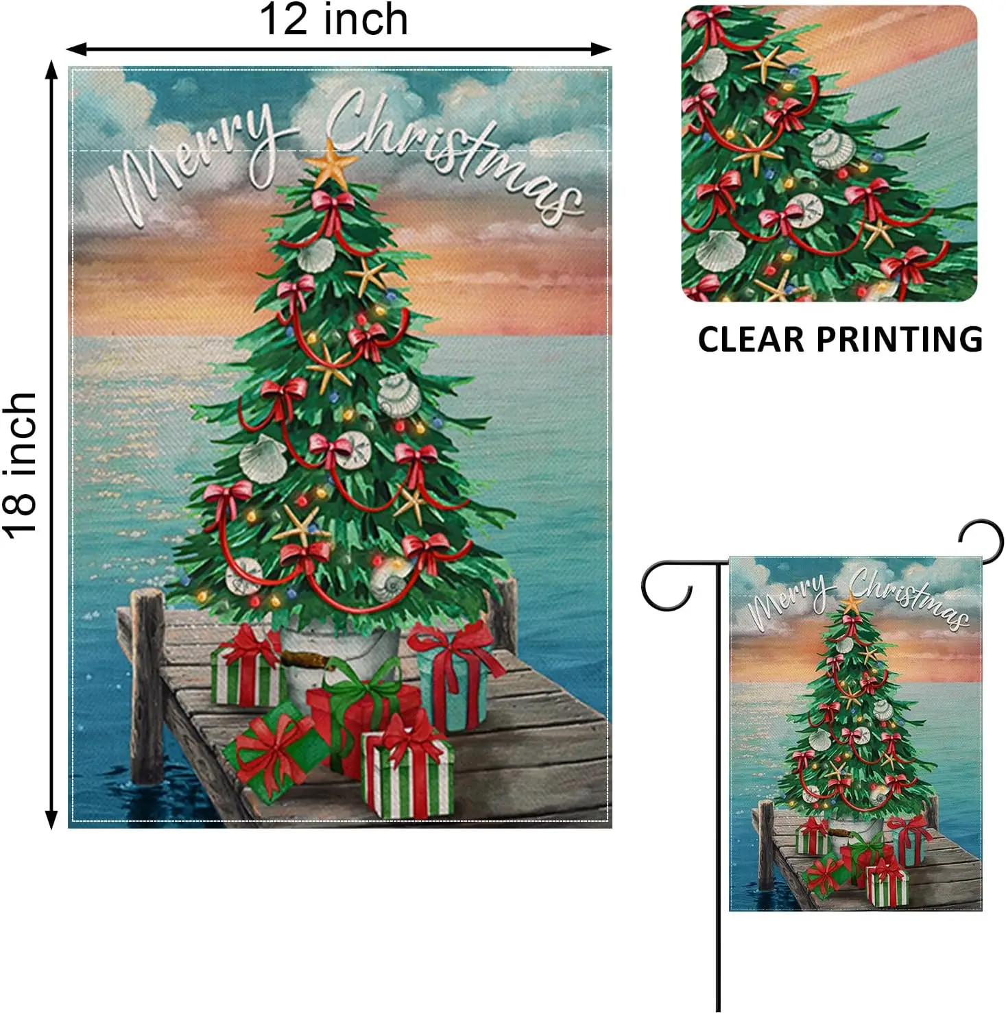 Home Decorative Merry Christmas Coastal Garden Flag, Xmas Tree Ocean Sea Yard Outside Decorations, Winter Beach Outdoor Small De