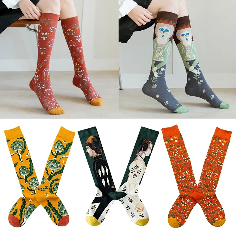 

Socks female mid-thigh calf and knee socks French retro illustration literary abstract street spring and autumn cotton socks