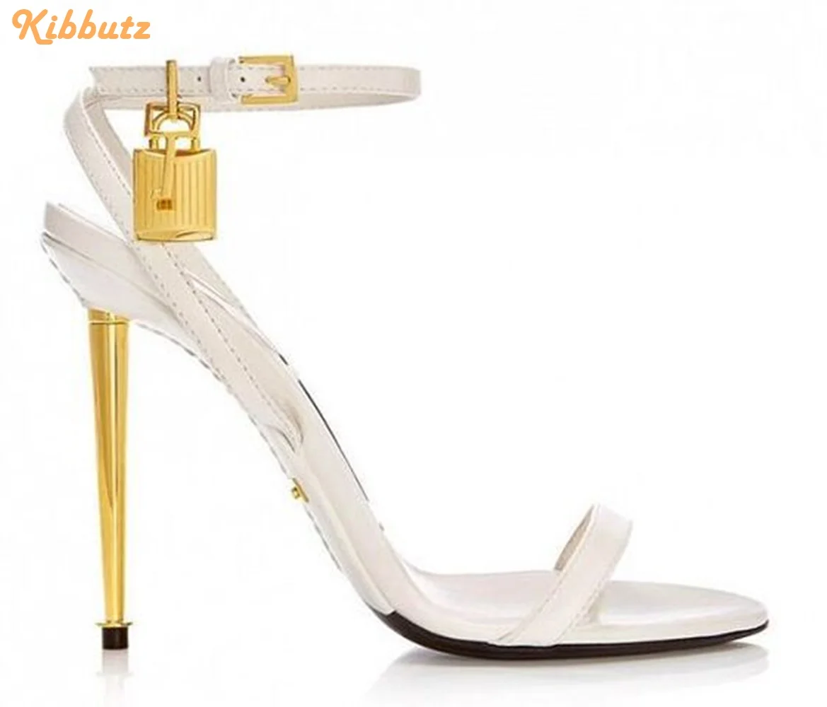 Metallic Heel Lock Ankle Strap Sandals Round Toe Slingback One Word Belt High Heels Stiletto Heel Women Fashion Sandals Padlock