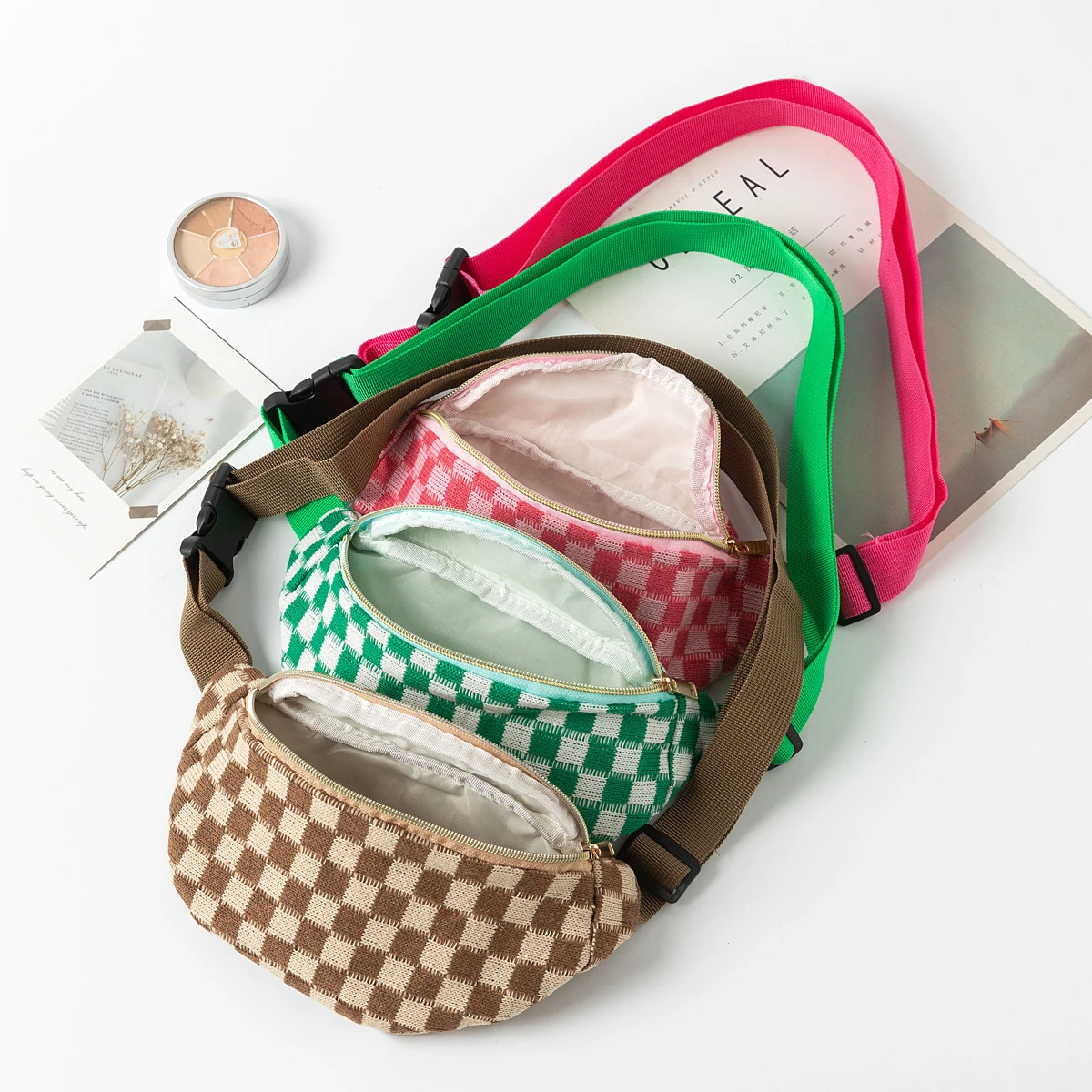 1PC Color-Block Checkerboard Pattern Makeup Bag, Portable Adjustable Shoulder Strap Daily Small Item and Cosmetic Storage Bag