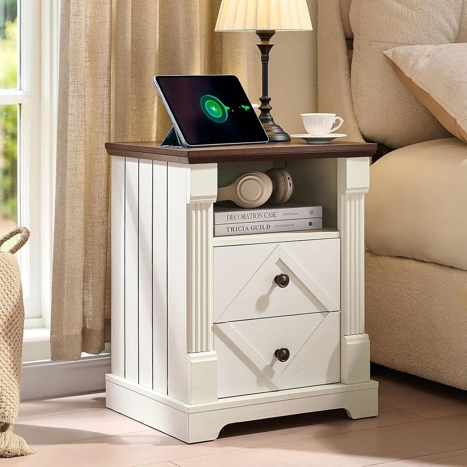 Farmhouse Nightstand with Charging Station, End Table with 2 Drawers & Open Shelf, Roman Column Bedroom Side Table, Antique Whit