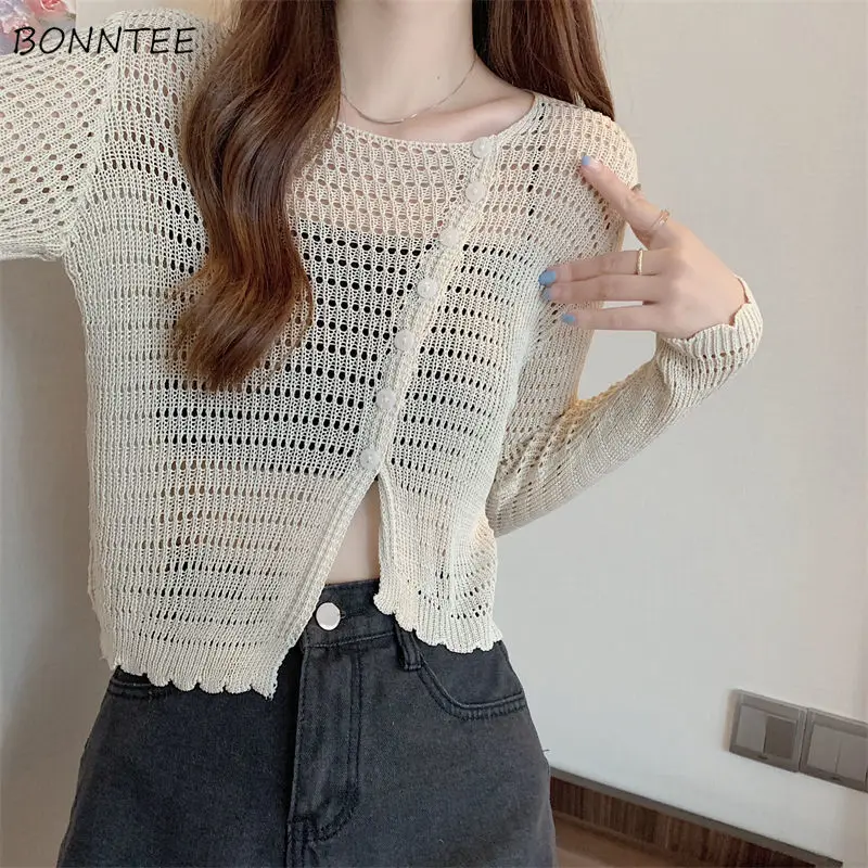 

Cardigans Women Hollow Out Simple Irregular Fashion Knitting Leisure Thin All-match Sexy Female Korean Style Ins Daily Outwear