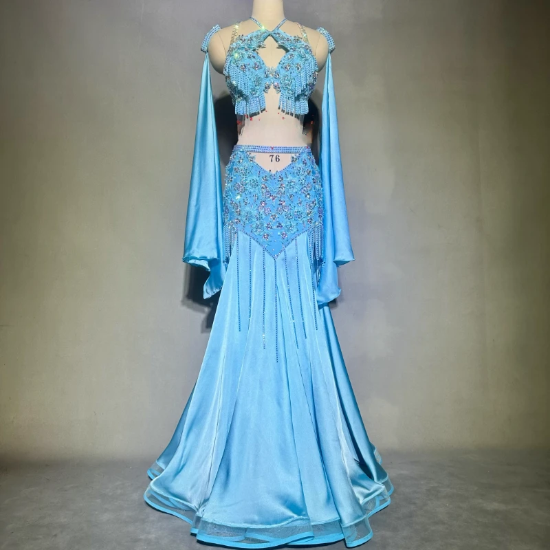 Belly Dance Costume High-end Customized Luxury Rhinestone Tassel Set for Adult Blue Professional Performance Outfit with Sleeves