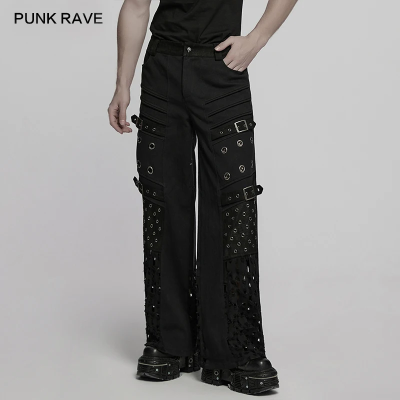 

PUNK RAVE Men's Punk Metallic Twill Woven Straight Pants Metal Eyelets Loose Style 3D Effect Personality Men Clothing Trousers