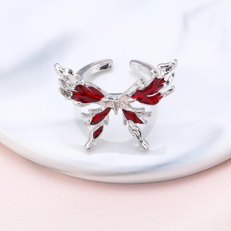 Personality Red Enamel Butterfly Opening Rings for Women Punk Style Charm Stainless Steel Finger Ring Hip Hop Jewelry Y2K Gift