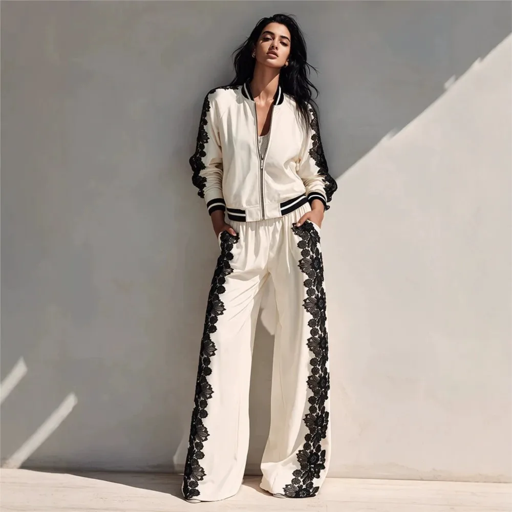 Women's Track 2 Piece Suit Lace Patchwork Zip Up Bomber Jacket Elastic Waist Wide Leg Pants FashionCasual Matching Outfit Female