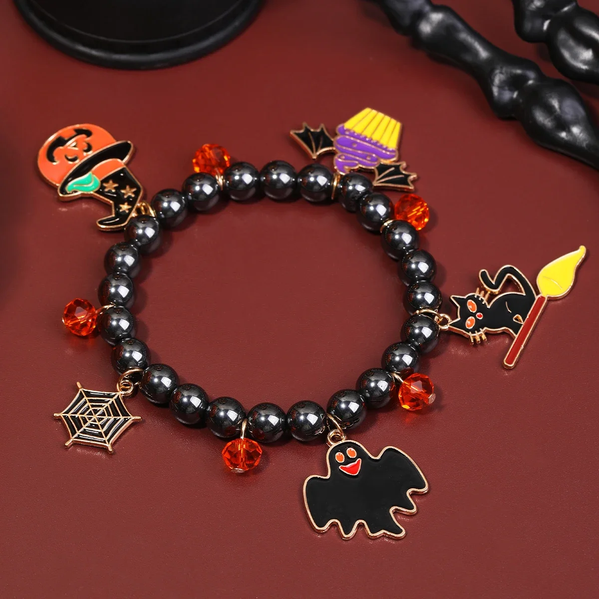 

Halloween Bracelet Creative Accessories Pumpkin Ghost Bracelet Women's Style Black Bat Spider Web Cap Metal Chain Bracelet Gift