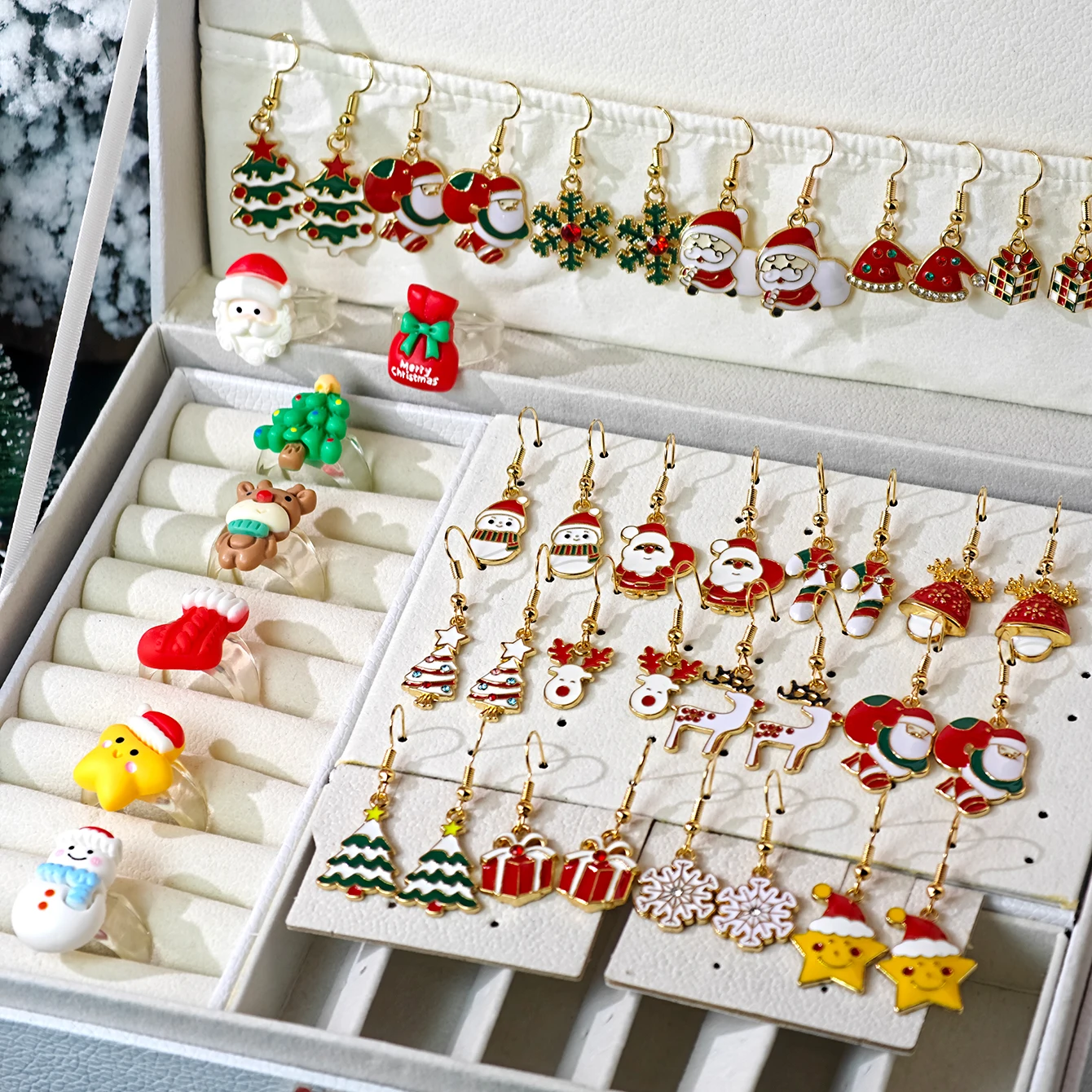 مجموعة أقراط وخاتم لحفلات عيد الميلاد - زيت سبيكة إبداعي مخصص - قطرة ندفة الثلج، الرنة، وهدية شجرة عيد الميلاد #1