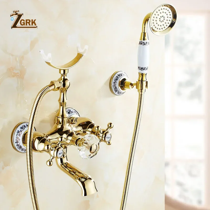 Imagem -02 - Zgrk Torneiras de Banheira Luxuosas Feitas de Cristal Dourado com Misturador e Suporte na Parede para Telefone