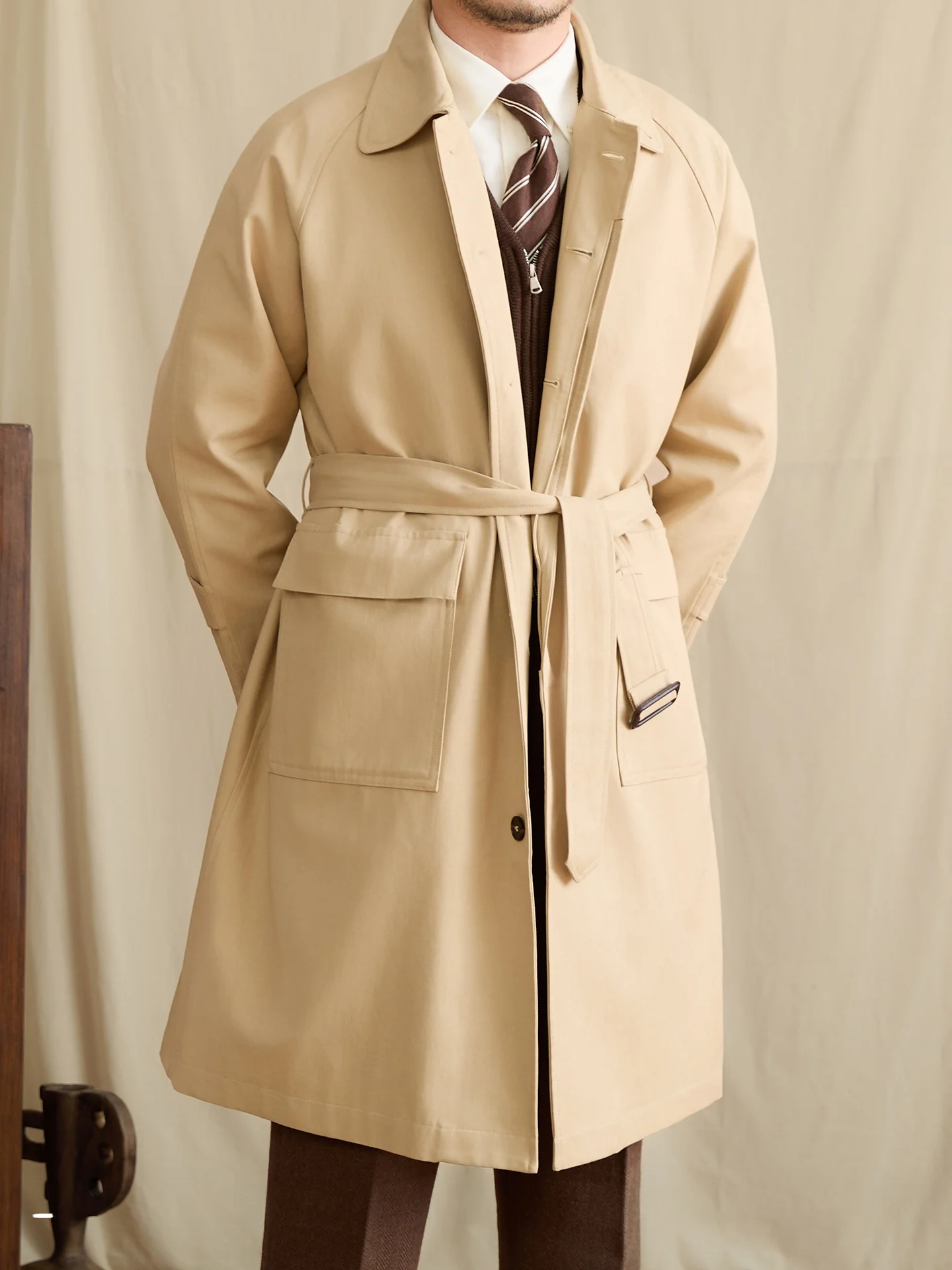 

Mr. Deer Tee's Vintage Cotton Blend Autumn Coat Briti Sle Turn-down Collar Commuter Faionable Men's Mid-length Jaet