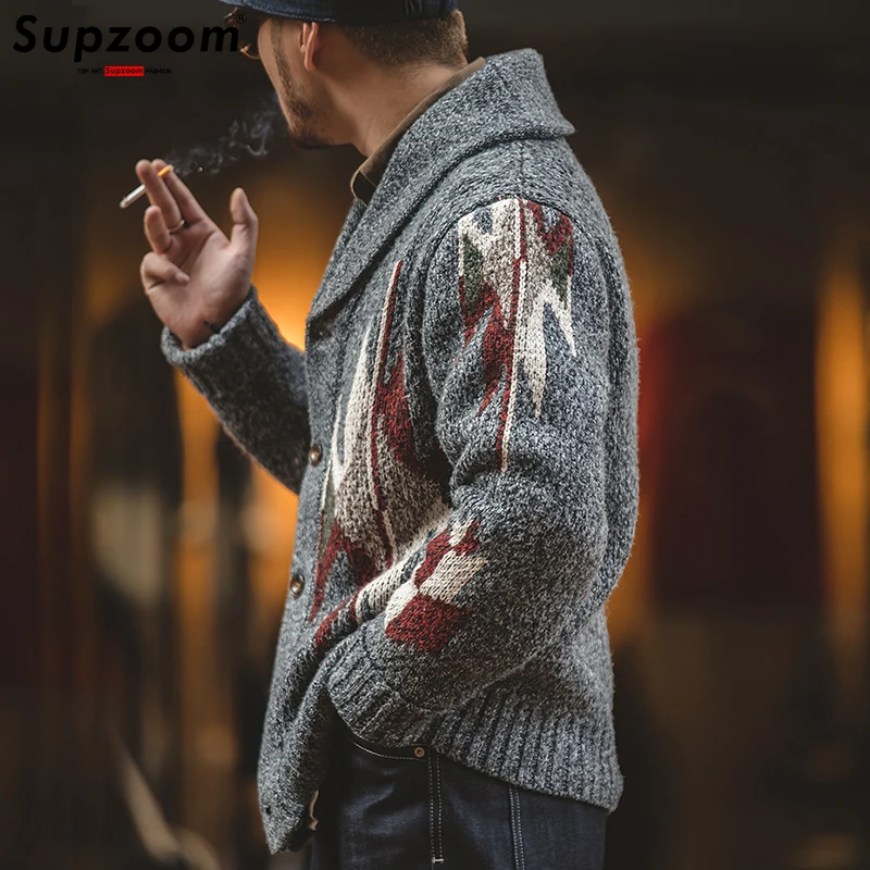 Supzoom-Cardigã de algodão espesso de peito único masculino, gola virada para baixo, suéter casual masculino, moda superior, nova chegada, 2023