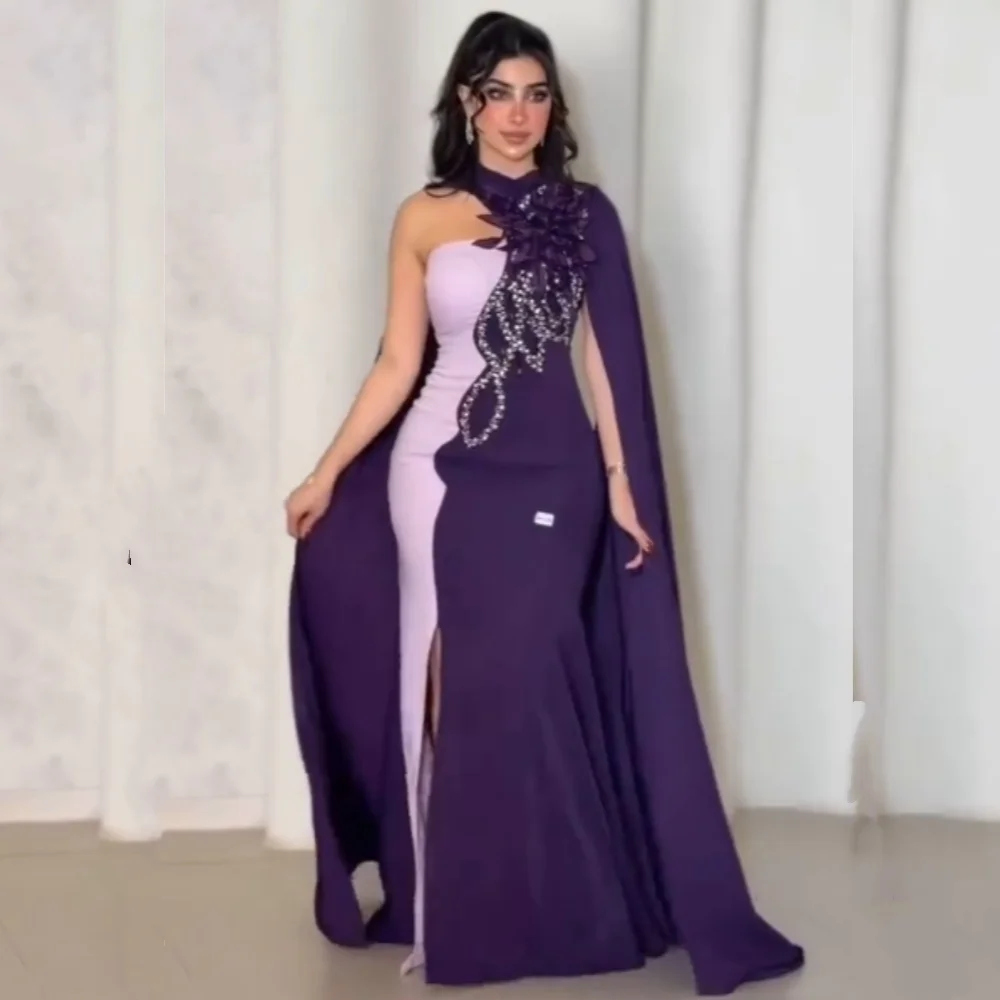 Customized Fashion Elegant Jersey Sequined Flower Trumpet One-shoulder Long Dresses Bespoke Occasion Retro