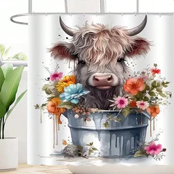 1pc high ground cow baby pattern polyester material shower curtain waterproof fabric, thickened anti mold partition curtain